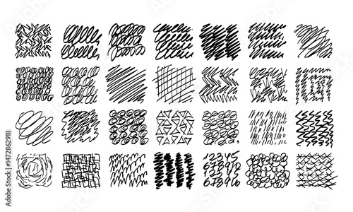Twenty eight hand-made texture samples. Doodles and squiggles. Vector set