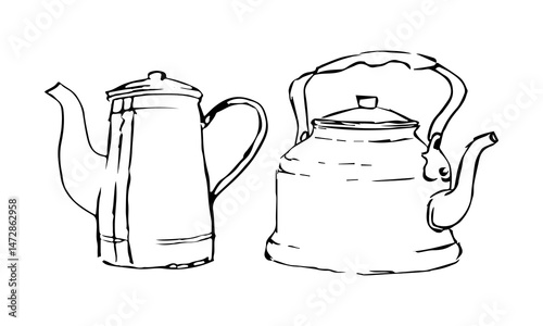 Two old teapots, hand drawn. Doodles and squiggles. Vector set
