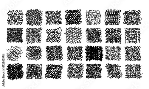 Twenty eight samples of hand-drawn textures with intense filling. Doodles and squiggles. Vector illustration