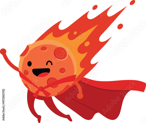 Cartoon meteor with fire flames flying wearing superhero cape vector illustration 
