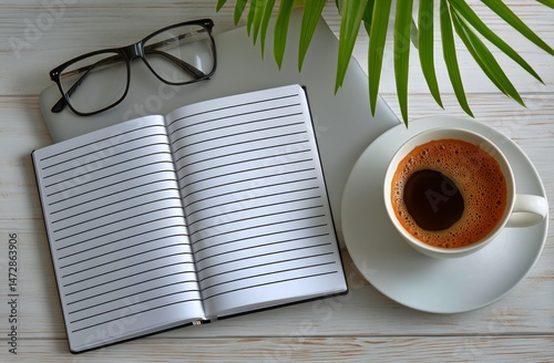 Fresh Coffee and Open Notebook Inspire Creativity at Morning Desk