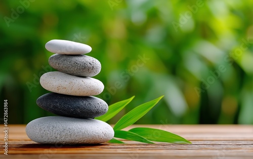 Balanced Stone Stack With Green Background in a Tranquil Setting for Relaxati...