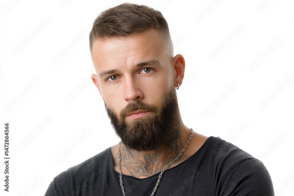 Fototapeta premium Stylish Man with Full Beard, Neck Tattoo, and Silver Chain