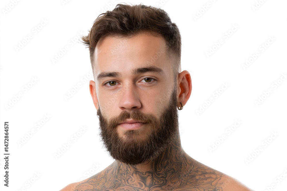 Fototapeta premium Bearded Man: Intense Gaze, Neck Tattoo, Studio Portrait