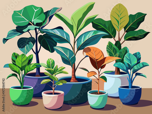 vector of A collection of fiddle leaf fig plants in minimalist ceramic pots isolated on clear