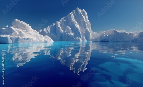 Iceberg Reflecting in Deep Blue Waters Under Clear Skies in a Remote Polar Re...