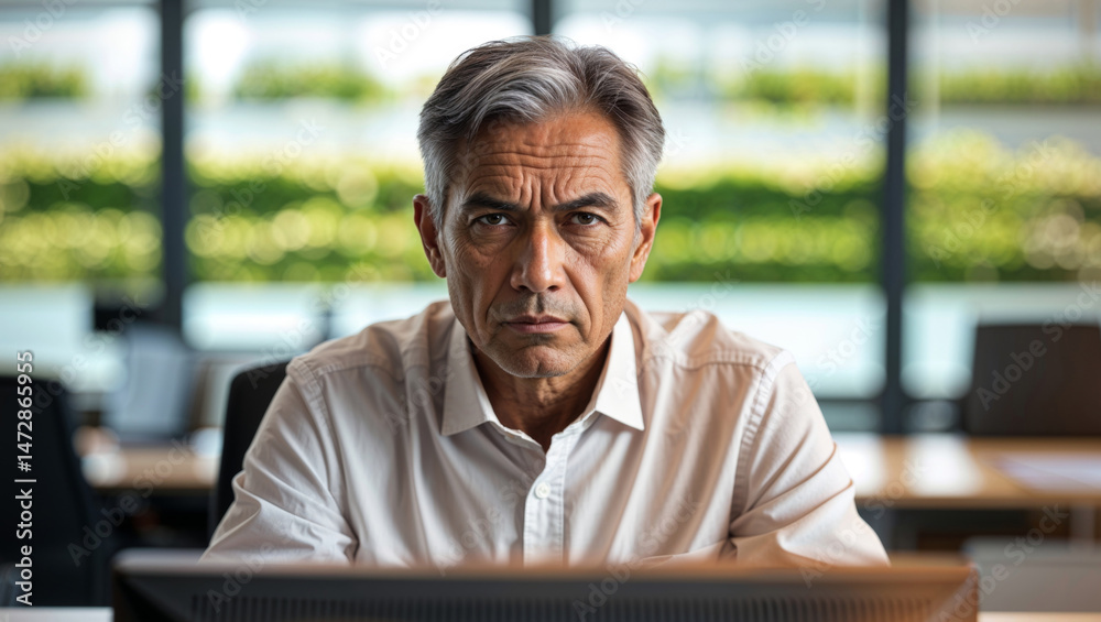 © demzp - Intense portrait of a mature businessman with gray hair looking directly at the camera with focus.