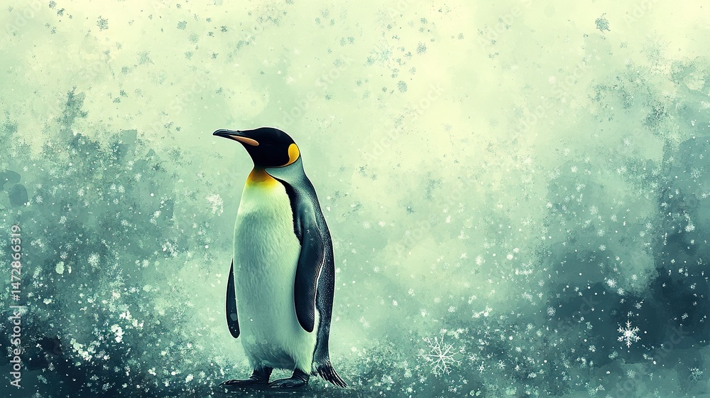 Obraz premium A Painting of a Penguin Standing in Front of a Green Background with Snow Flakes