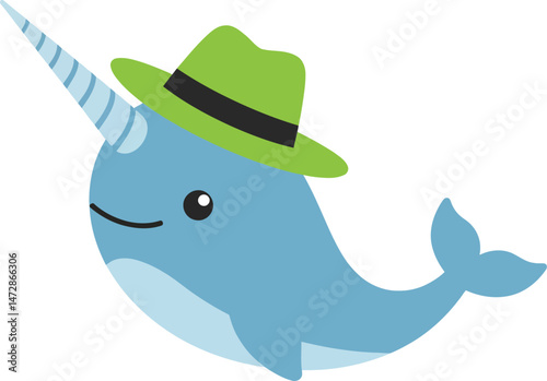 Narwhal wearing green fedora hat cute cartoon marine animal vector illustration 