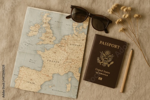 Flat lay of travel essentials including passport, map, pencil and sunglasses, perfect for trip planning and vacation themes.








 photo