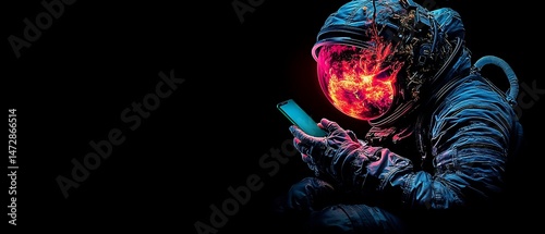 A fiery-headed astronaut sits in darkness, engrossed in a glowing phone screen