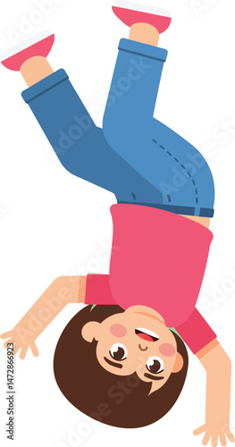 Child doing a handstand in casual clothes with brown hair and pink shoes playful and active pose vector illustration 