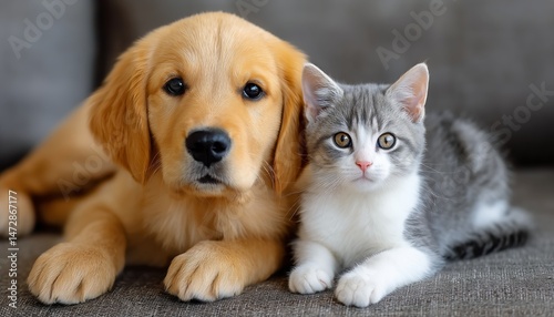 Cute Puppy and Kitten Cuddling on a Soft Sofa in a Cozy Living Room During Da...