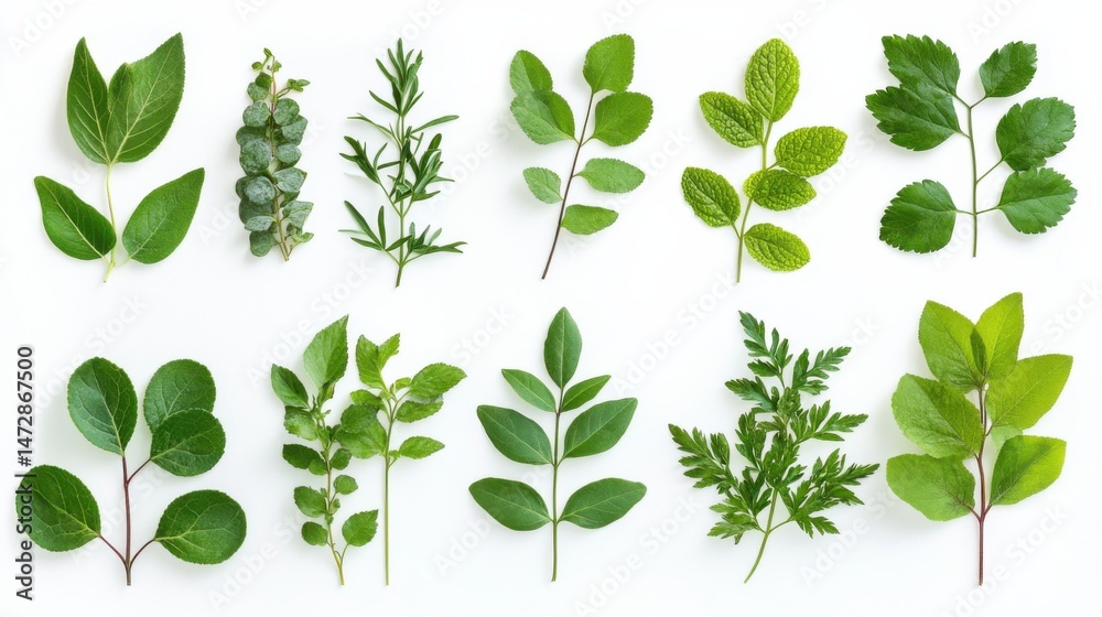 Fototapeta premium Collection of assorted green leaves from tropical plants isolated on white background minimal botanical flat lay concept