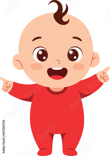 Cute happy baby in red onesie smiling and pointing with both hands vector illustration 