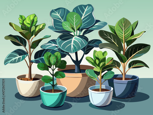 vector of A collection of fiddle leaf fig plants in minimalist ceramic pots isolated on clear