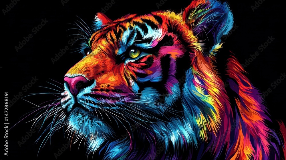 Fototapeta Colorful tiger illustration, side portrait against a black background