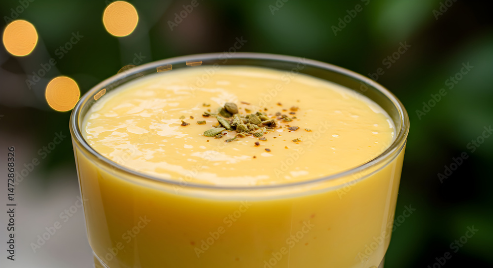 Refreshing Mango Lassi Smoothie With Pistachio Sprinkles Against Soft Bokeh Refreshing Mango Lassi Smoothie With Pistachio Sprinkles Against Soft Bokeh