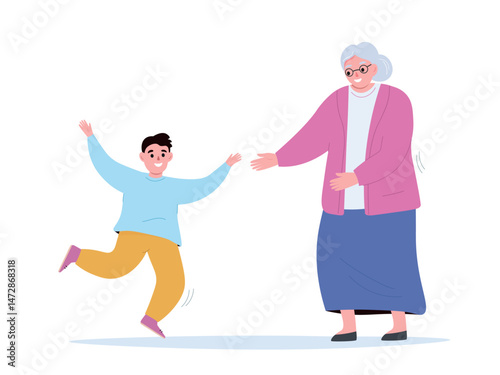 
Grandson runs joyfully to his grandmother. Meeting of old woman and boy. Happy family. Vector flat graphics.