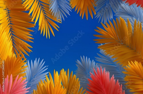 Colorful Tropical Leaves Frame a Vibrant Blue Background in a Lively Summer D...