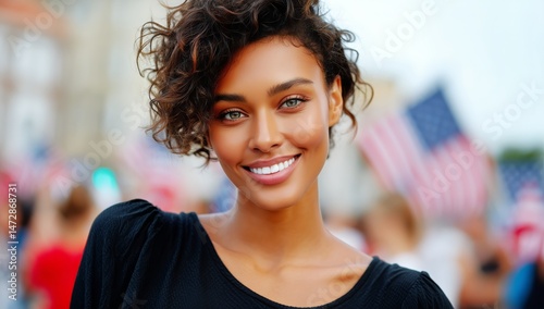 Smiling Young Woman Enjoying a Summer Festival With Vibrant Background During...