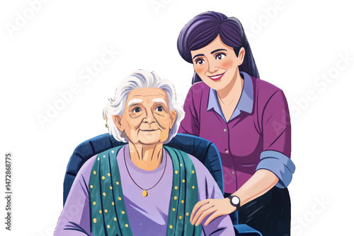 Caring female caregiver assisting elderly woman at white isolated background, showing support vector, compassion, and senior care