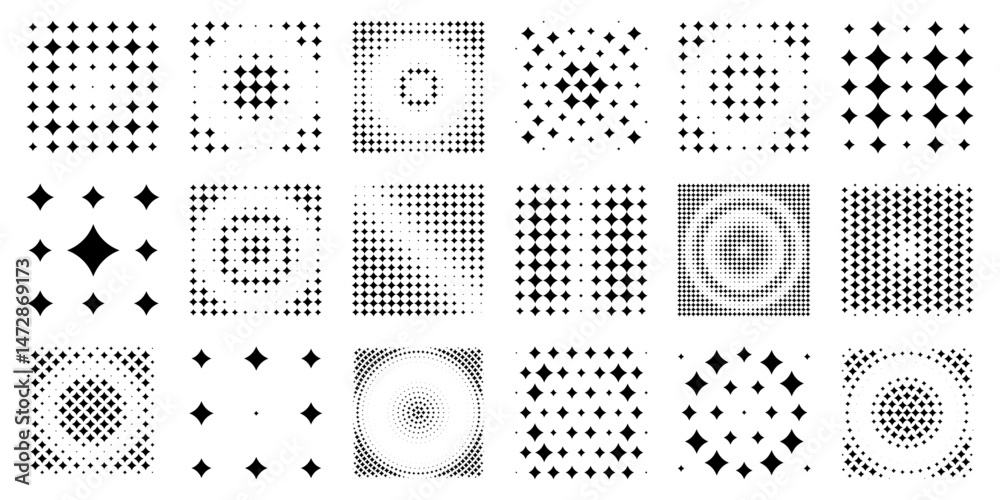 set of halftone banners of black stars for pattern and background