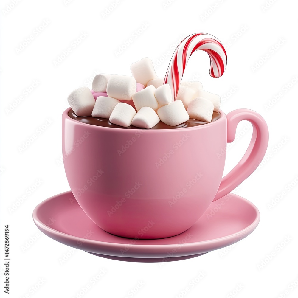 Pink cup filled with hot chocolate, marshmallows, and candy cane Pink cup filled with hot chocolate, marshmallows, and candy cane