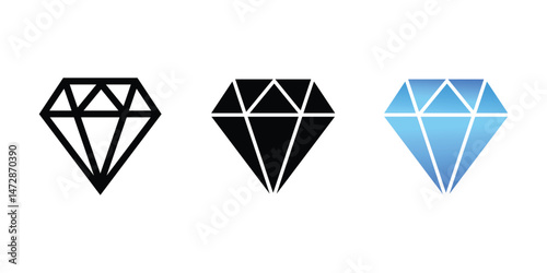Diamond Shape Icon Set , Outline, Solid, and Gradient Blue Gem Vector for Logo, App, or Jewelry Design