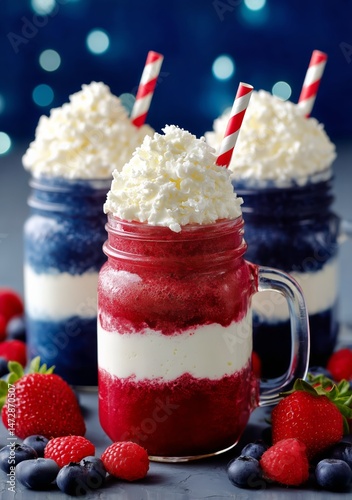 Colorful Layered Berry Drinks With Whipped Cream Served in Mason Jars at a Su...