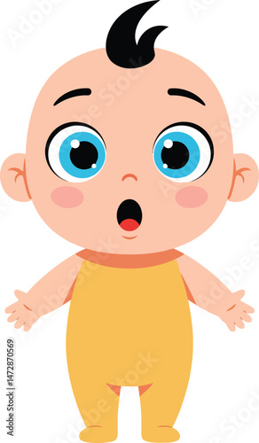 Cute surprised baby boy with blue eyes and yellow romper vector illustration for children and family themes 
