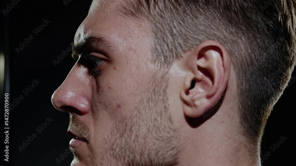 Moody close-up profile portrait of man in dark studio light, serious expression Moody close-up profile portrait of man in dark studio light, serious expression