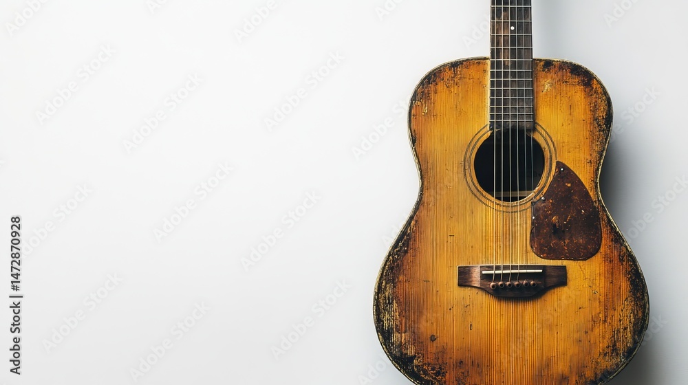 Fototapeta premium Vintage acoustic guitar with worn wood texture and aged finish old art folk music brown music blues