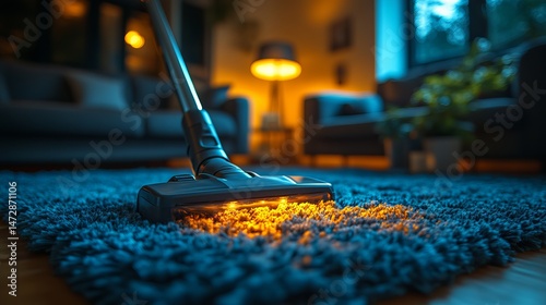 Modern Vacuum Cleaner Cleaning Blue Shag Carpet in Cozy Living Room Evening Home Cleaning Domestic Cleaning Service Housework Cleaning Supplies Home Appliance Modern Interior       photo