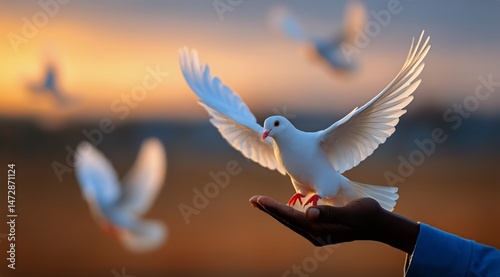 Doves Take Flight From a Persons Hand During a Sunset in a Serene Outdoor Set...