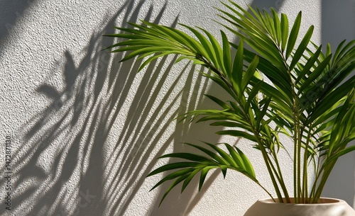 Bright Green Palm Plant Casting Intricate Shadows on a Textured Wall in Natur...