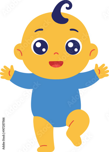 Cute happy baby boy in blue bodysuit with curly hair vector illustration cheerful expression 