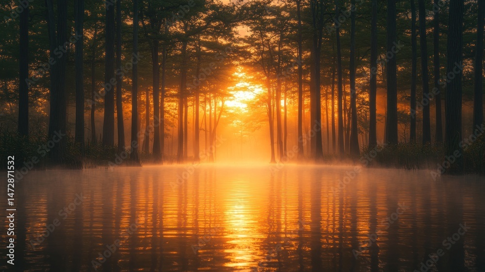 Obraz premium Sunrise in a misty swamp forest