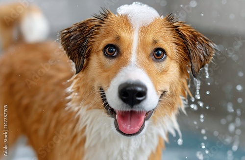 Happy Dog Enjoying a Bath With Water Splashing at a Backyard During Sunny Aft...