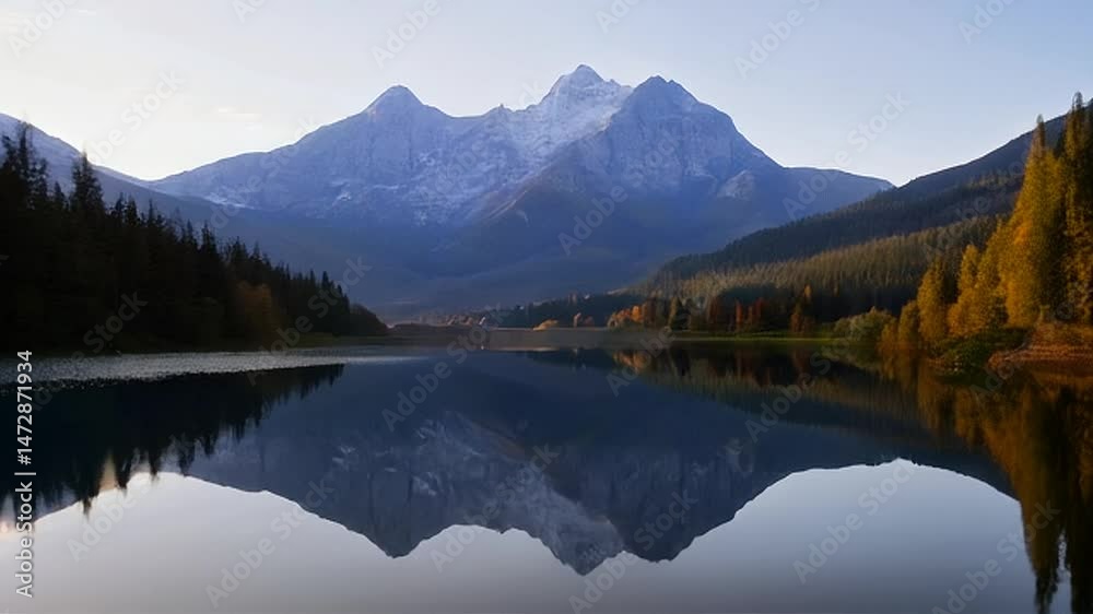 Lake Reflecting Majestic Mountains and Autumn Forest Scenery Lake Reflecting Majestic Mountains and Autumn Forest Scenery