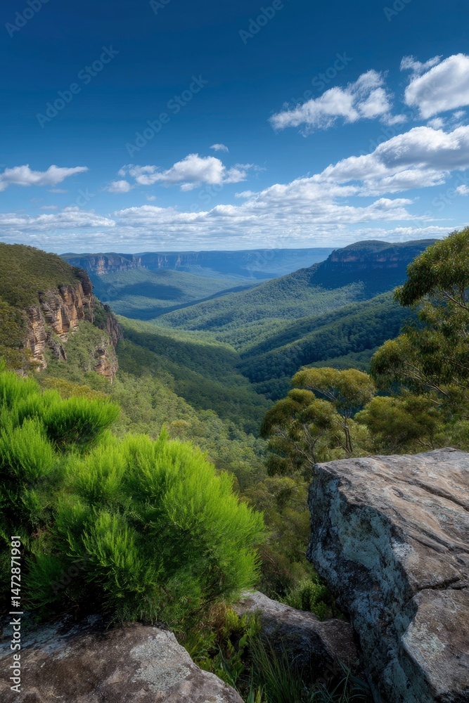 Naklejka premium Serene Valley Vista: Lush Greenery and Majestic Cliffs under a Blue Sky