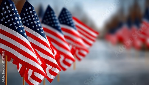 Celebration of Patriotism With American Flags Against a Colorful Sunset Backg...