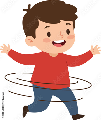 Happy boy playing with hula hoop in red shirt and blue pants smiling vector illustration 