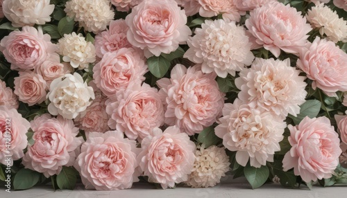Muted pastel pink roses, peonies & hydrangeas create a vintage floral wall backdrop , photography, floral, background