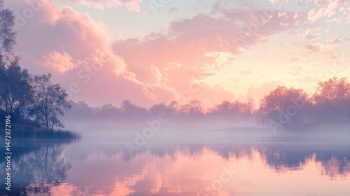 Serene lake landscape with dreamy clouds and pastel sunrise reflection