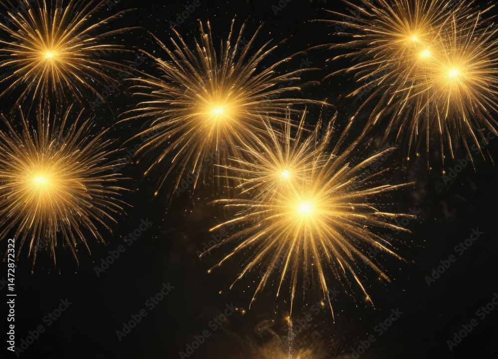 Naklejka premium Bright yellow fireworks burst against black, glowing intensely, dark, glow