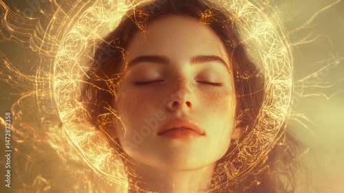 Ethereal radiance, woman enveloped in a golden, mystical energy field