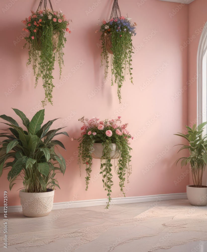Fototapeta premium Pastel walls, macrame accents, blooming plants, stylish, minimalist
