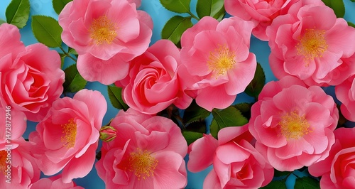 Vibrant Pink Roses in Full Bloom Against a Soft Blue Backdrop During Spring S...