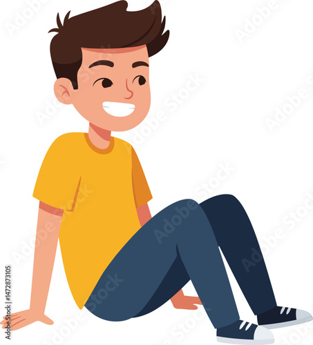 Boy sitting on the floor wearing yellow t-shirt and blue pants smiling cartoon vector illustration 